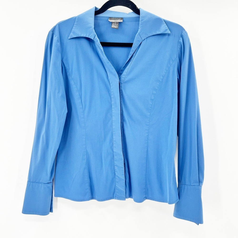Lafayette 148‎ New York Blouse Womens 0 Petite Blue Excellent Tailored Button Up